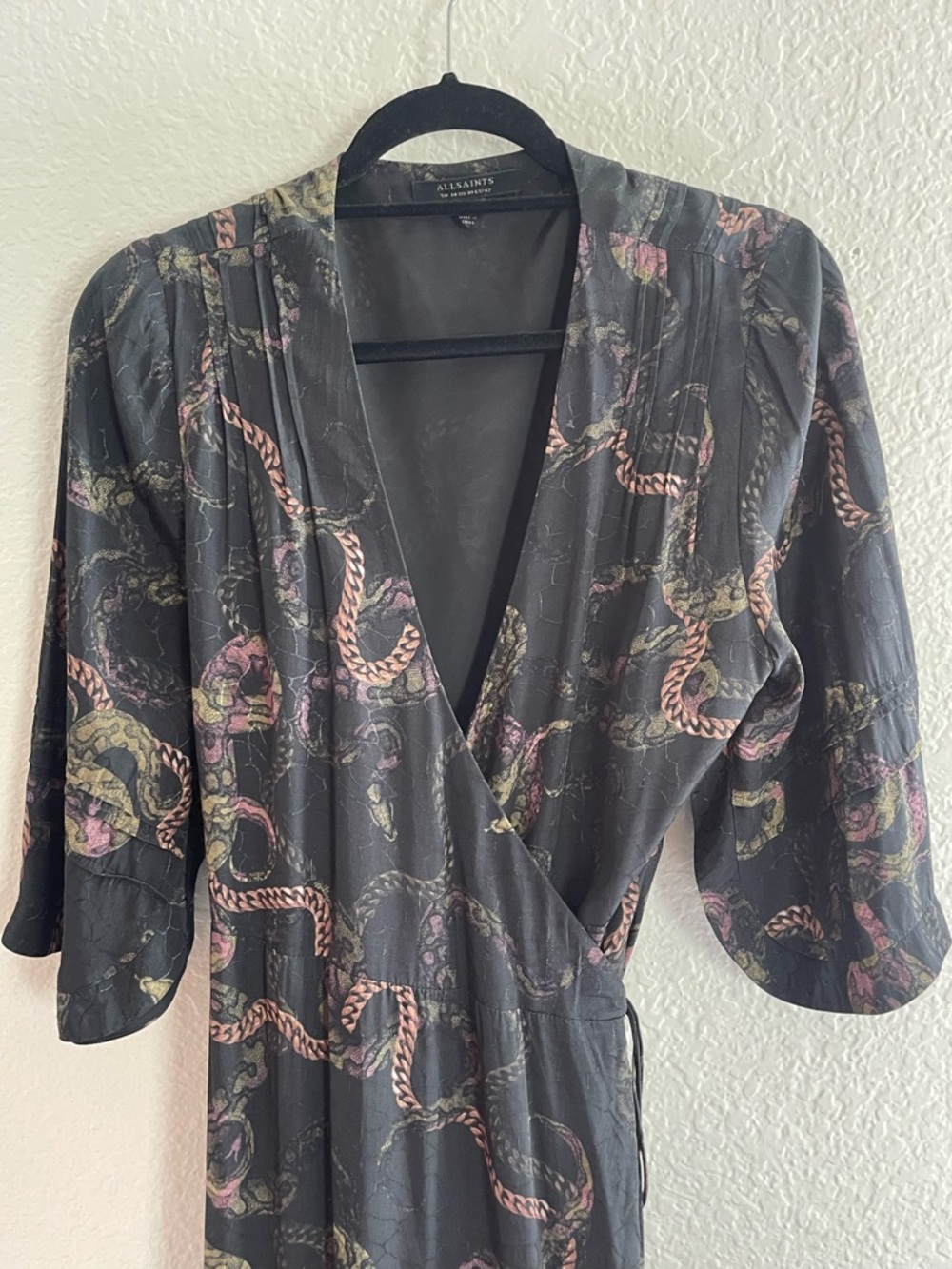 AllSaints Delana Tempest Wrap Slip Dress in deep green with snake- print - Picture 8 of 12